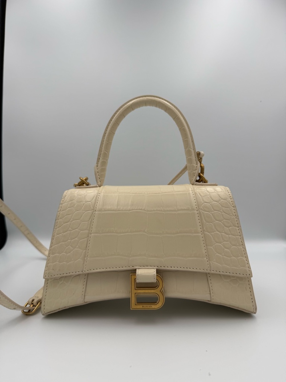 Balenciaga Hourglass S in Cream Croc-Embossed Leather